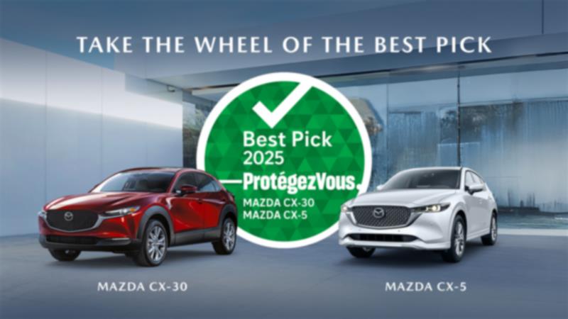 Front side view of Mazda CX-30 red next to Mazda CX-5