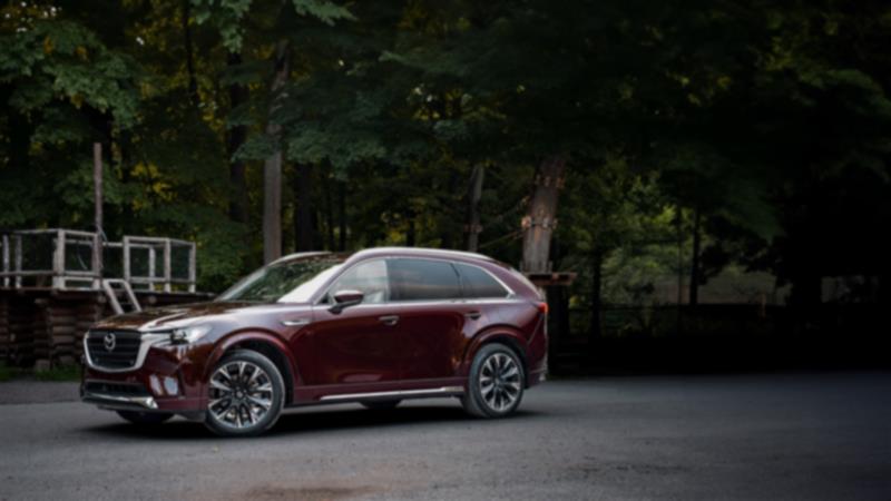 Artisan Red CX-90. A suburban area is in the background.