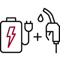 Illustration of battery with cable and plug attached, + gas nozzle.  