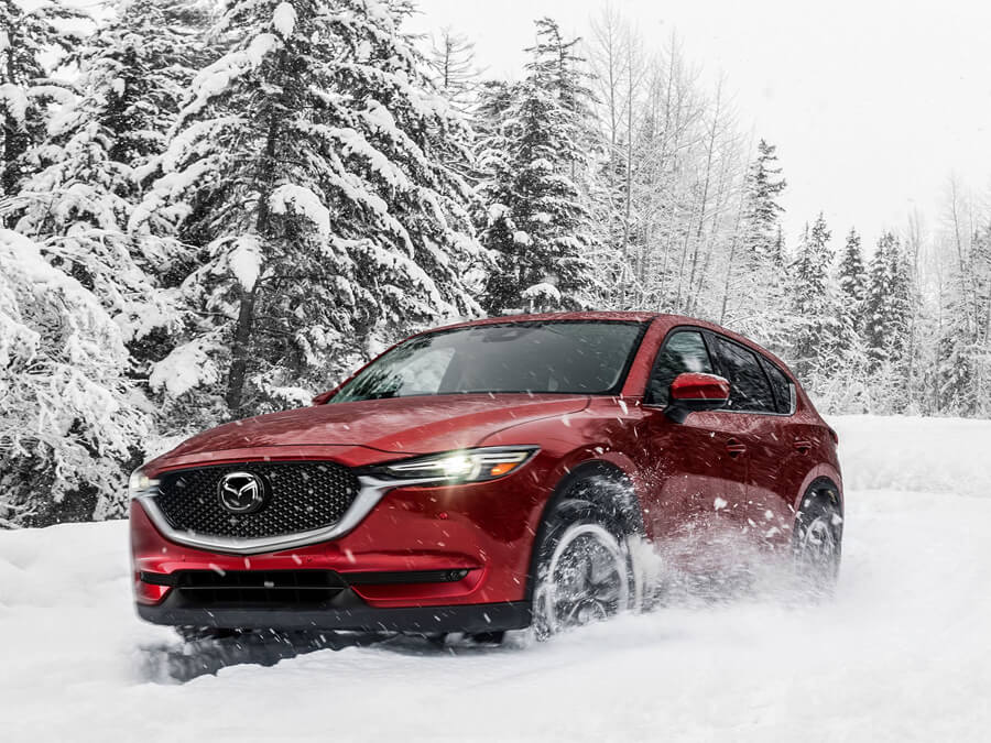 Mazda rouge sur une route de campagne en hiver avec des arbres couverts de neige en arrière-plan