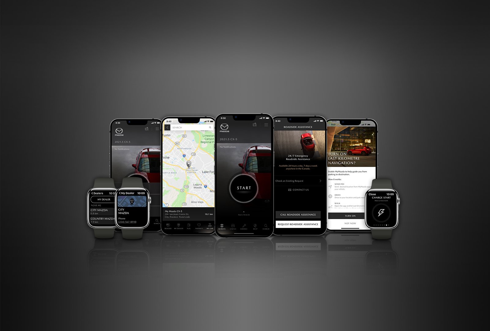 A line-up of smart devices display MyMazda app feature screens.  