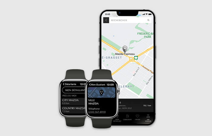 Deux montres connectées et un téléphone intelligent affichent une carte et une liste de destinations. 