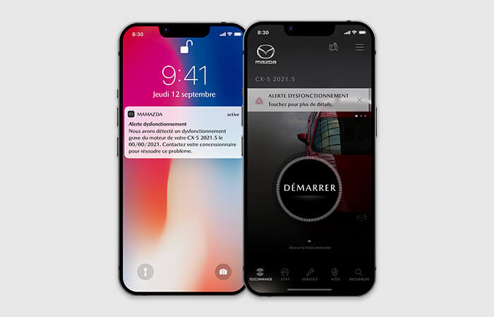 Deux téléphones intelligents, l’un affiche l’écran de verrouillage de l’appli avec une notification, l’autre l’écran de démarrage de l’appli MyMazda avec une alerte.   