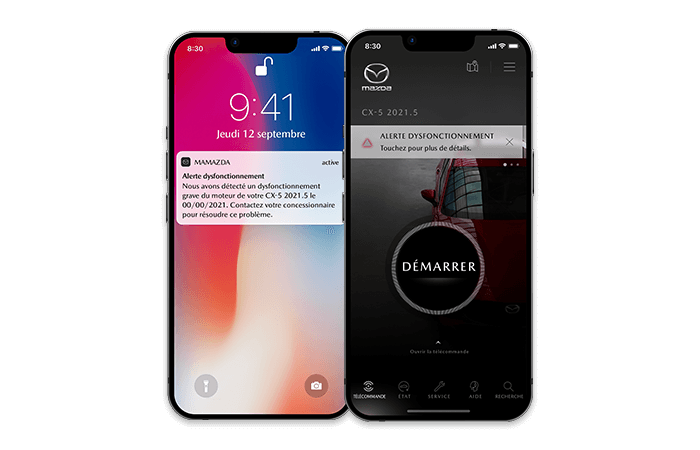 Deux téléphones intelligents, l’un affiche l’écran de verrouillage de l’appli avec une notification, l’autre l’écran de démarrage de l’appli MyMazda avec une alerte.   