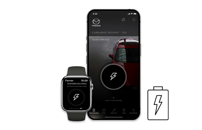 Un téléphone intelligent et une montre connectée affichent l’écran de l’appli MyMazda avec l’icône de la batterie avec des éclairs.   