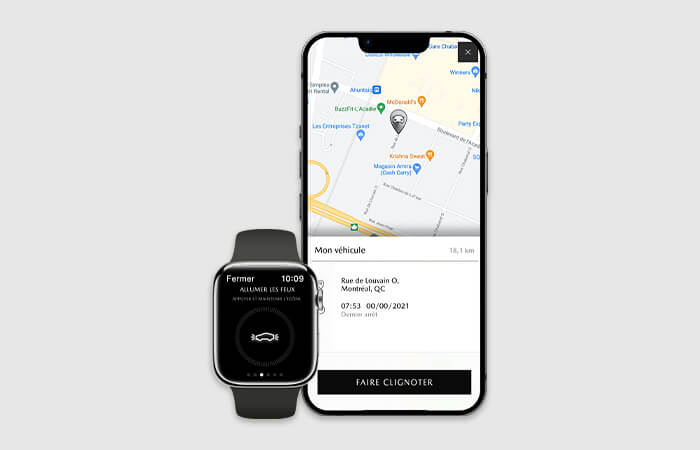 L’écran de l’appli MyMazda s’affiche sur un téléphone intelligent et une montre connectée avec une carte et le bouton de la lampe de poche.   