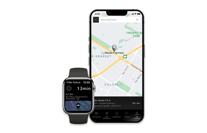 Un téléphone intelligent et une montre connectée affichent l’écran de l’appli MyMazda avec une carte marquée d’une épingle. 