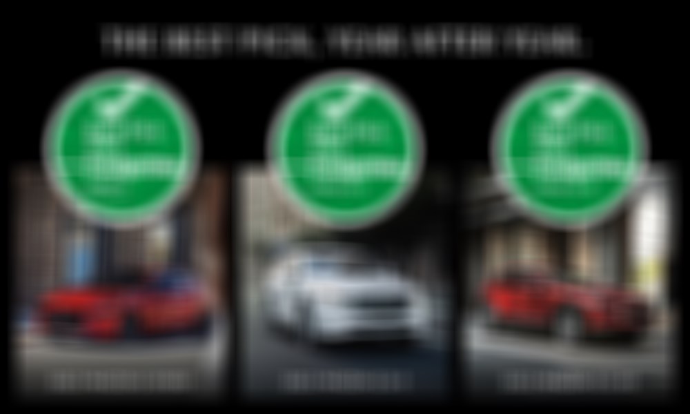 Photos of Crystal Red Metallic Mazda3 Sport, Rhodium White Metallic CX-5 and Crystal Red Metallic CX-30 on paved city streets. Green circle with check marks above each photo read “Best Pick 2023 ProtégezVous".