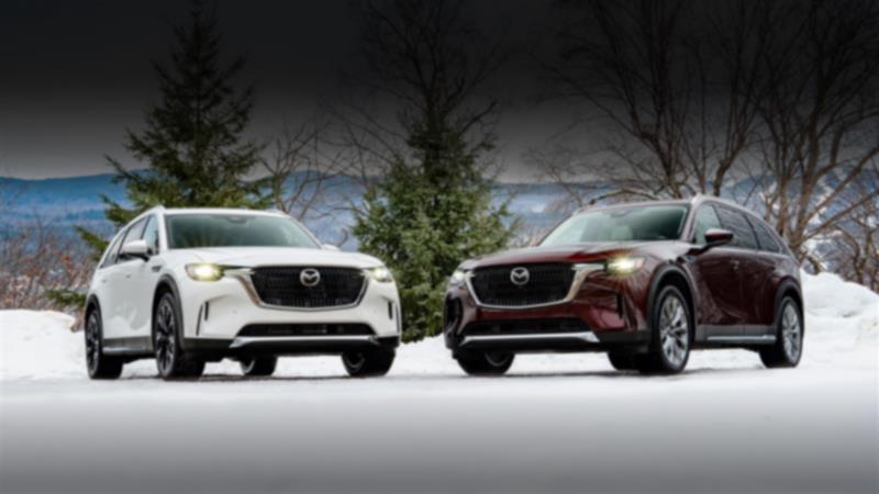 A white CX90 plug-in hybrid and a red CX90 mild hybrid inline 6, parked in front of a snowy background. 