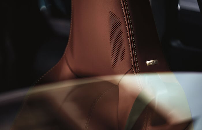 Close up of Bose badge on perforated Terracotta Leather seat.