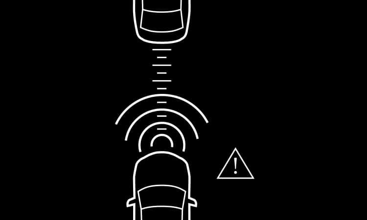 Illustration de vagues circulaires partant d’une Mazda; un triangle avec un « ! » signifie un avertissement. 