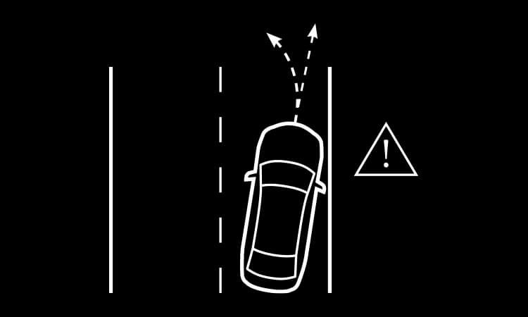 Illustration of Mazda on road veering out its lane, on arrow pointing straight and another toward the center of the lane. A triangle with an ‘!’ signifies warning. 