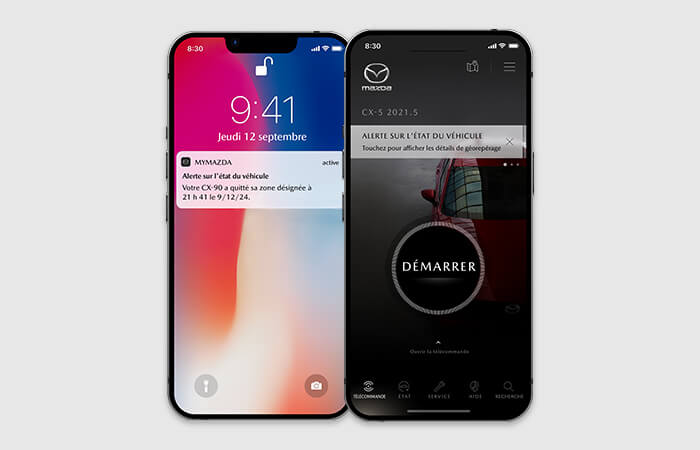 Deux téléphones intelligents affichent les écrans de l’appli MyMazda avec une notification sur l’écran de verrouillage et le bouton de démarrage.  