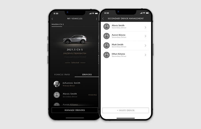 Two smartphones display MyMazda app with driver list and driver management screens.