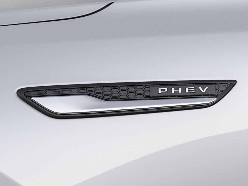Closeup of PHEV vehicle badge.  