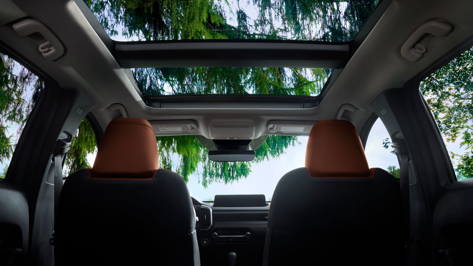 Looking up through open Panoramic Moonroof from 2nd row seats. 