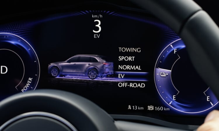 Close up of dash display showing driving modes, highlighting “EV”.
