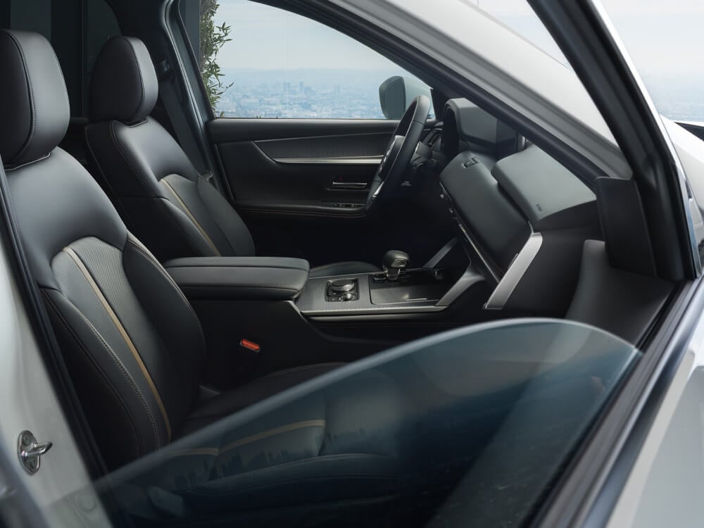 Looking through partially open passenger side window, view of both front seats, dash, console. The far-off city skyline is visible through the driver’s side window. 